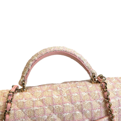 Used CHANEL Tweed Quilted Mini Flap Bag with Top Handle Handbag Pink White