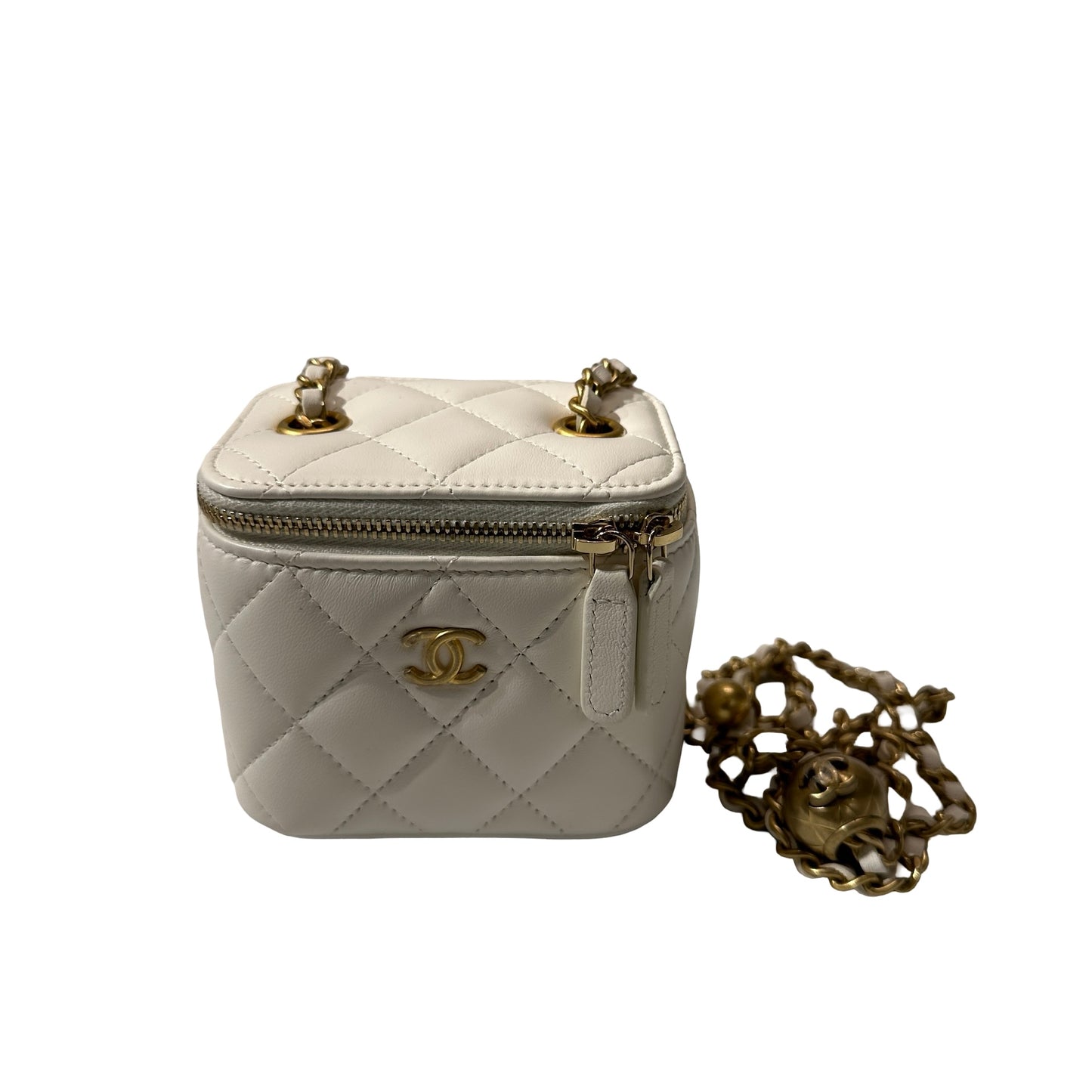 Used CHANEL Lambskin Leather Vanity Case White GHW