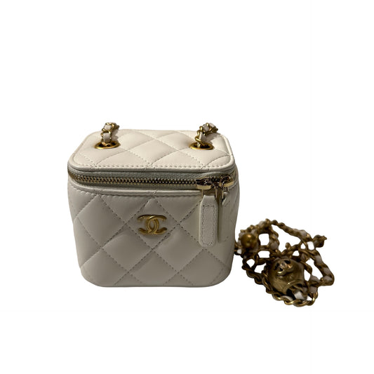 Used CHANEL Lambskin Leather Vanity Case White GHW