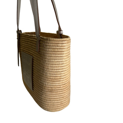 Used LOEWE Raffia Calfskin Square Basket Basket Bag Natural White