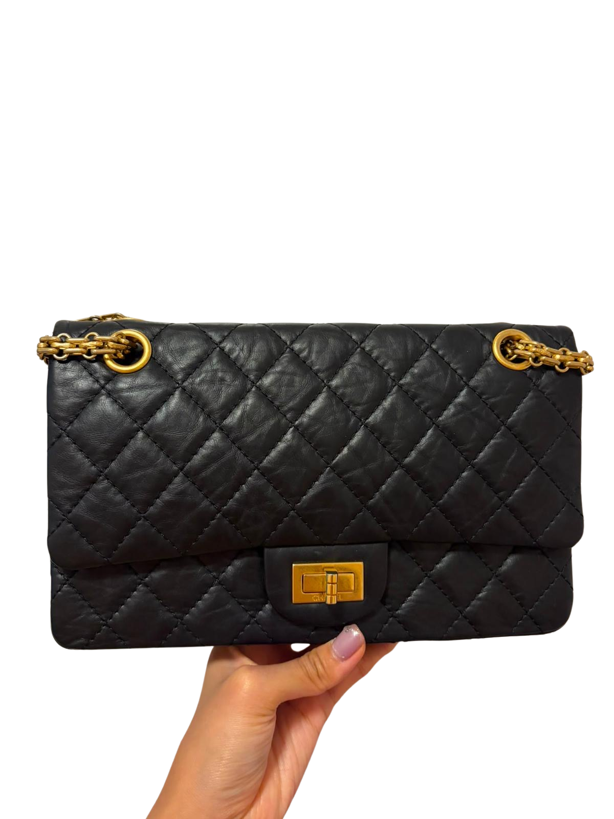 Used CHANEL Aged Calfskin Reissue 2.55 Chain Shoulder Bag Black Gold