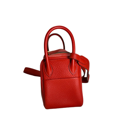 Used HERMES Togo Leather Mini Lindy Handbag Red GHW