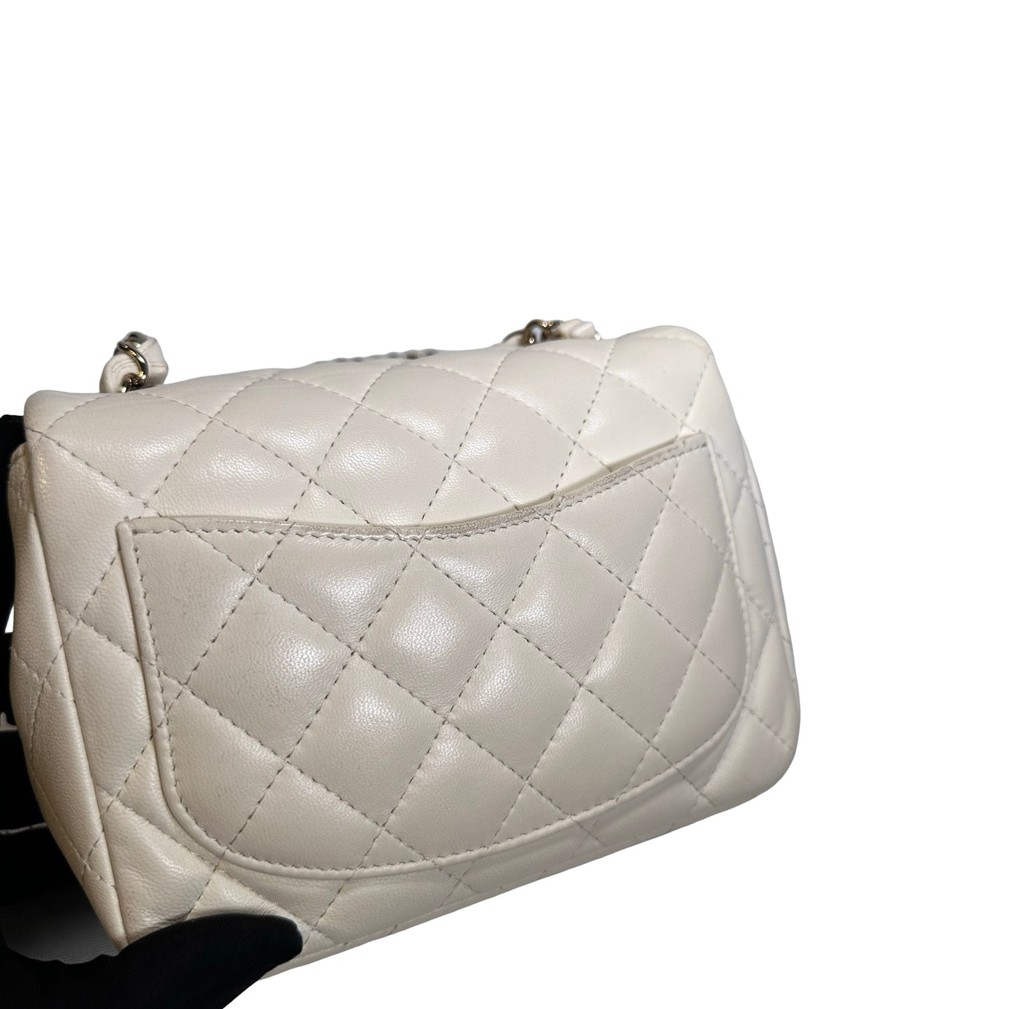 Used CHANEL Quilted Lambskin Classic Mini Rectangular Flap Bag Chain Shoulder Bag White GHW