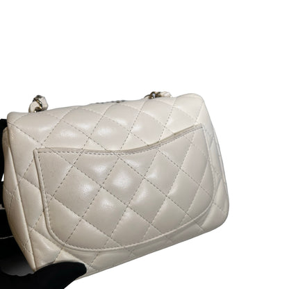 Used CHANEL Quilted Lambskin Classic Mini Rectangular Flap Bag Chain Shoulder Bag White GHW
