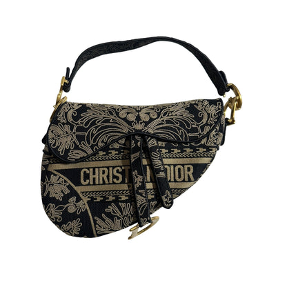 Used DIOR Embroidered Canvas Floral Stripes Saddle Saddle Bag Black Beige GHW