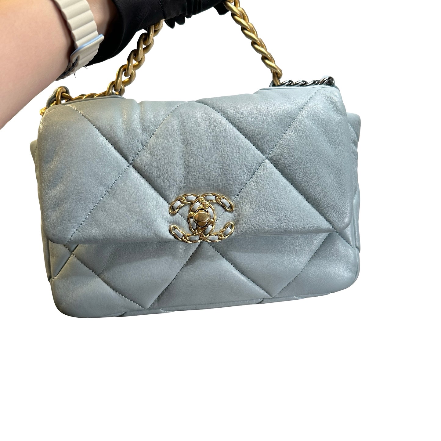 Used CHANEL Lambskin Quilted Chanel 19 Chain Shoulder Bag Light Blue Gold