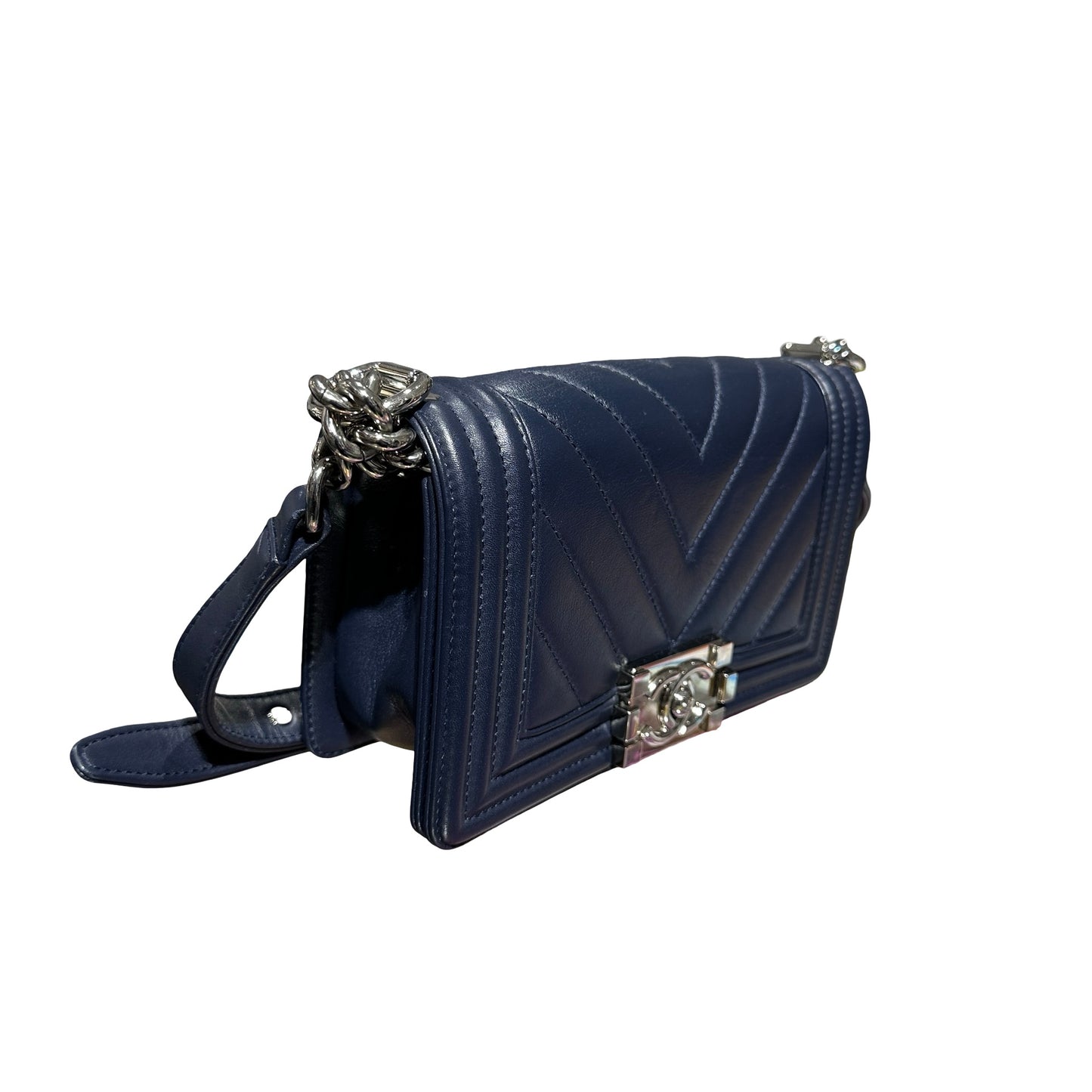 Used CHANEL Boy 20 V line Shoulder Bag Navy Blue PHW