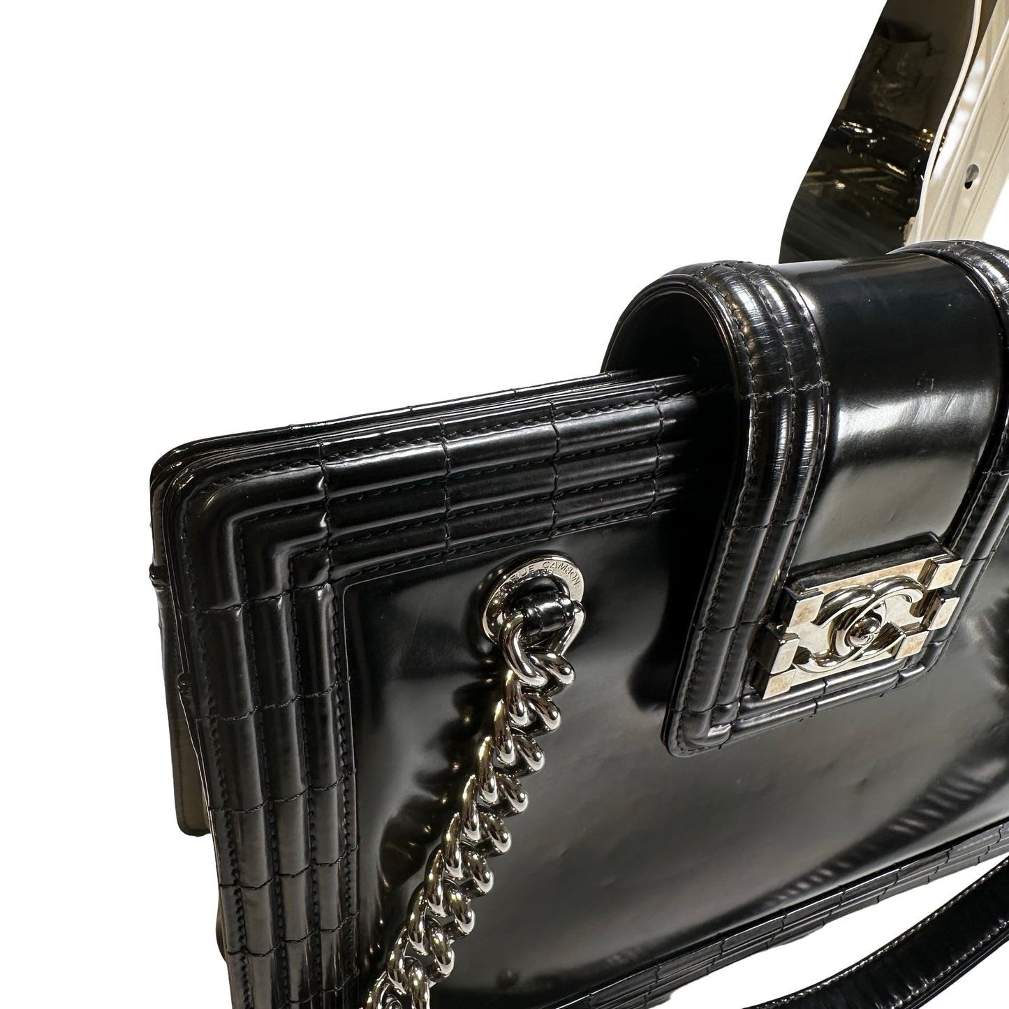 Used CHANEL Patent Leather Boy Shopping Tote Tote Bag Black PHW
