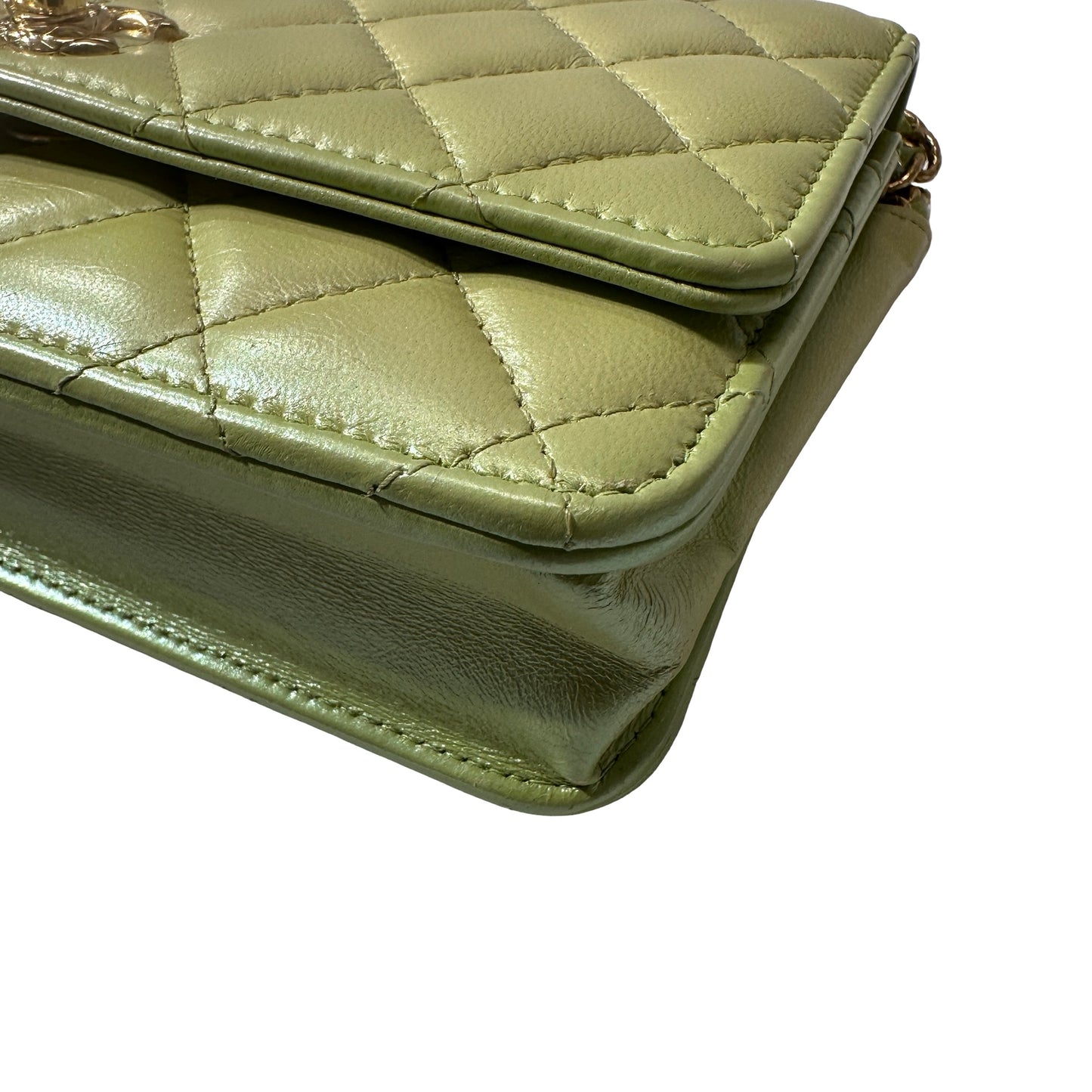 Used CHANEL Lambskin Leather MINI WOC Cross Body Bag GHW Green