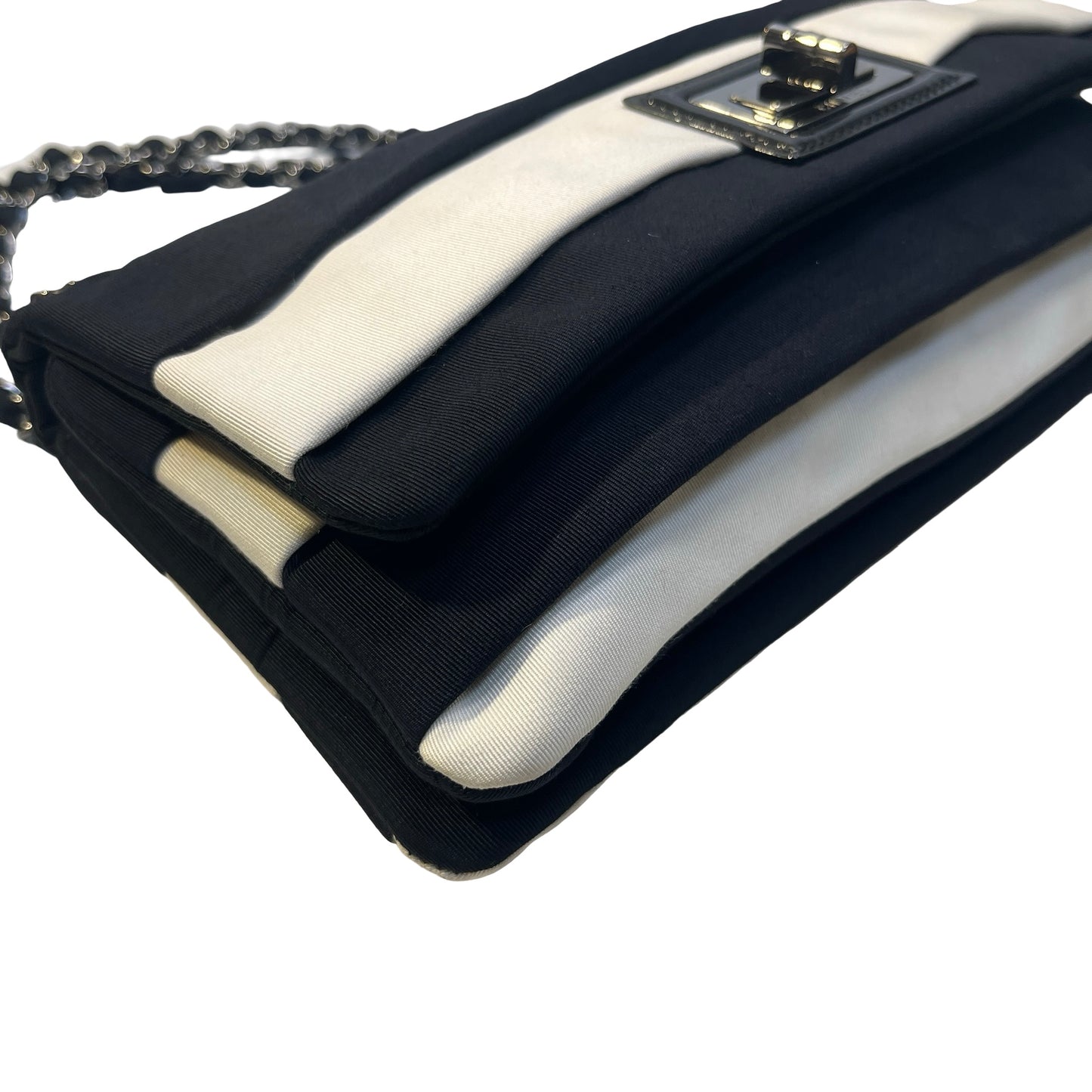 Used CHANEL Stripes Grosgrain Ribbon 2.55 Reissue Shoulder Bag Black White Silver