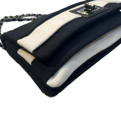 Used CHANEL Stripes Grosgrain Ribbon 2.55 Reissue Shoulder Bag Black White Silver