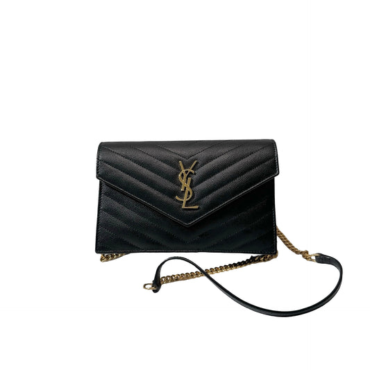Used SAINT LAURENT Calfskin Leather ENVELOPE WOC Cross Body Bag Black GHW