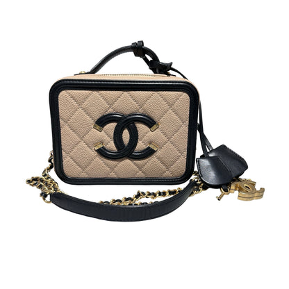 Used CHANEL Caviar Leather Vanity Case Beige GHW
