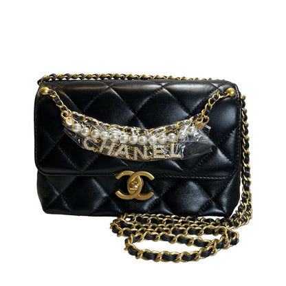 Used CHANEL Quilted Velvet 24A mini pearl logo Flap bag Bucket Bag Black Gold