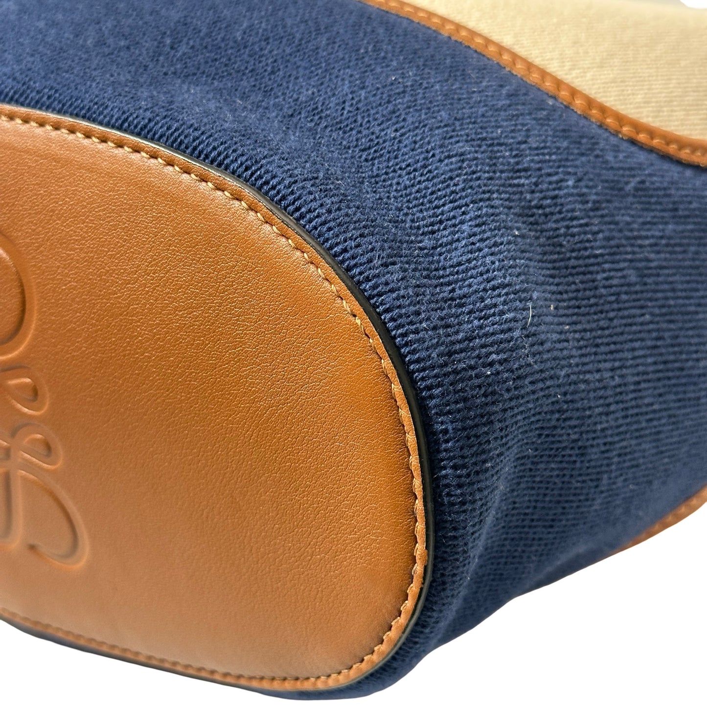 Used LOEWE Canvas Paula's Ibiza Balloon Hobo Bucket Bag Navy Blue Beige PHW