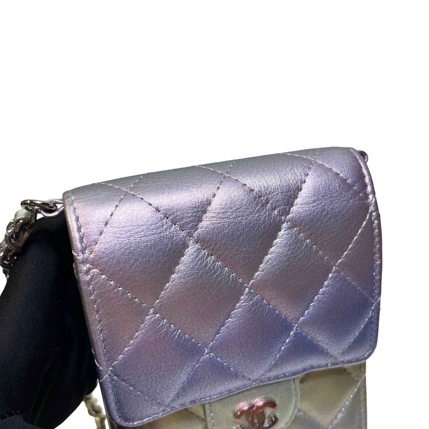 Used CHANEL Quilted Metallic Quilted Phone Bag Phone Bag Ombre Silver Gold Purple