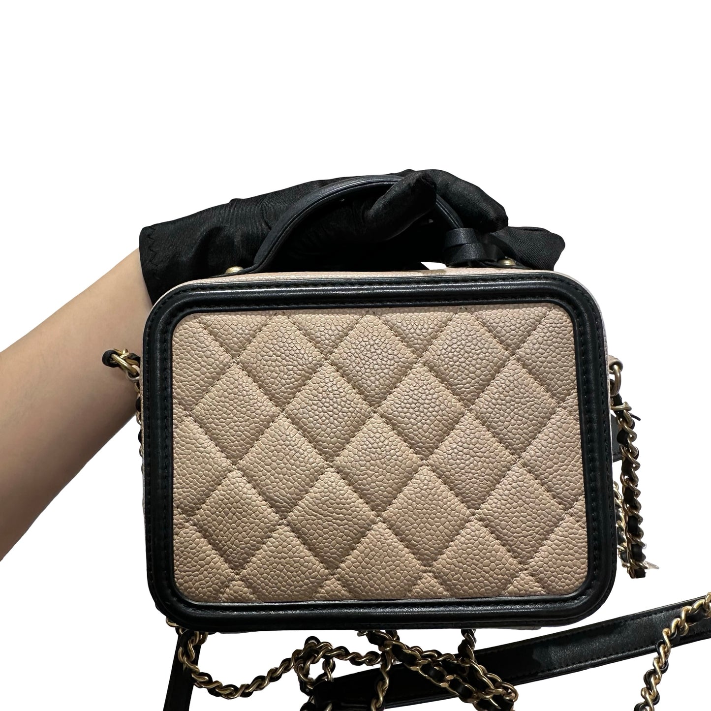 Used CHANEL Quilted Caviar Vanity Bag Vanity case Beige Black