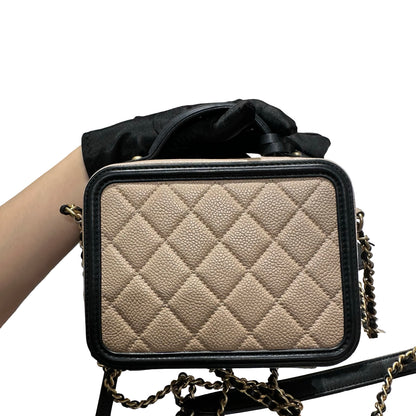 Used CHANEL Quilted Caviar Vanity Bag Vanity case Beige Black