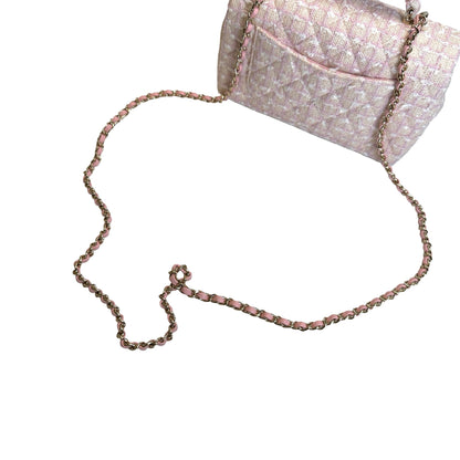 Used CHANEL Tweed Quilted Mini Flap Bag with Top Handle Handbag Pink White