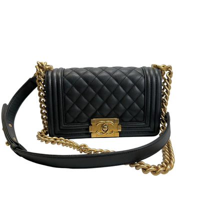 Used CHANEL Quilted Caviar Boy Chanel Flap Bag Chain Shoulder Bag Black Gold Hardware