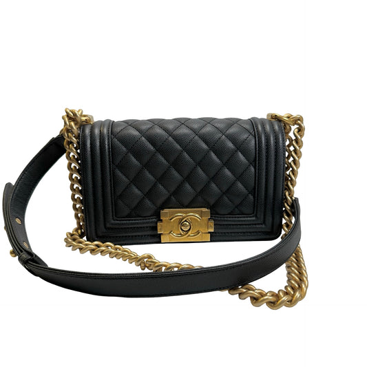 Used CHANEL Quilted Caviar Boy Chanel Flap Bag Chain Shoulder Bag Black Gold Hardware