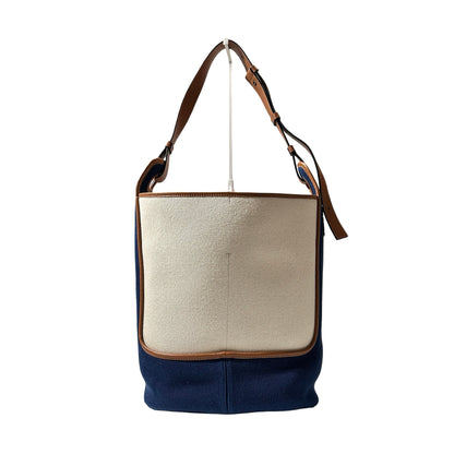 Used LOEWE Canvas Paula's Ibiza Balloon Hobo Bucket Bag Navy Blue Beige PHW