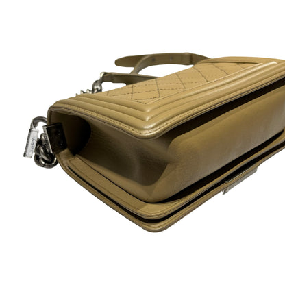 Used CHANEL Lambskin Leather Boy 20cm Shoulder Bag PHW Brown