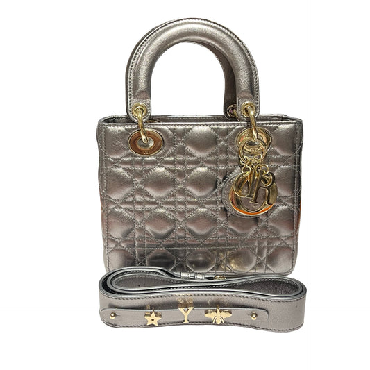 Used Dior Lady Dior Handbag Metallic Silver GHW