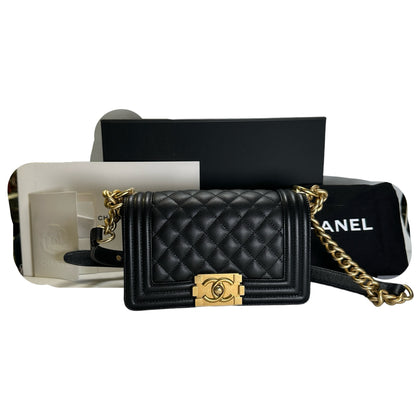 Used CHANEL Quilted Caviar Boy 20 Shoulder Bag Black Gold