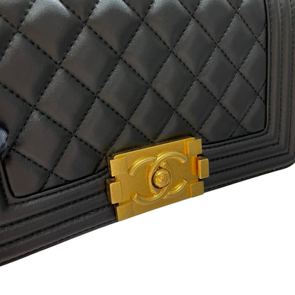 Used CHANEL Calfskin Leather Boy 20cm Shoulder Bag Black GHW