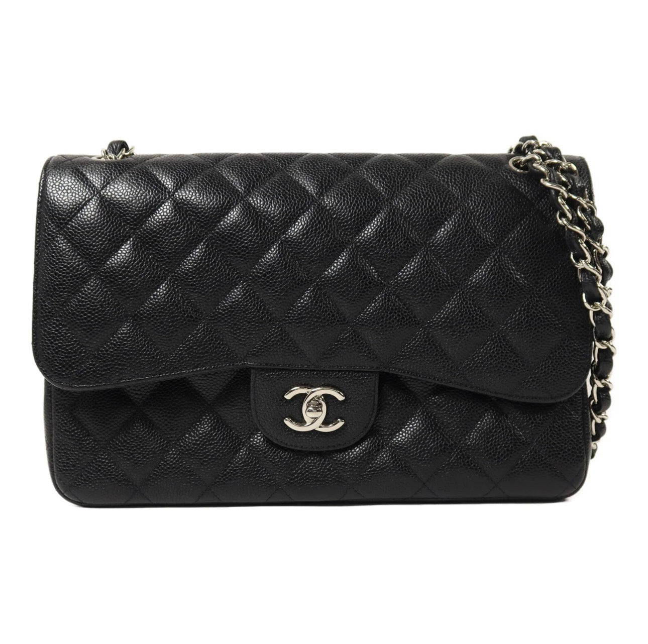 Used CHANEL Caviar Quilted Classic Flap Shoulder Bag Black Silver