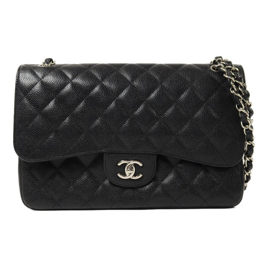 Used CHANEL Caviar Quilted Classic Flap Shoulder Bag Black Silver