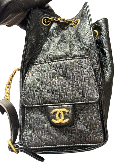 Used CHANEL Caviar Quilted 25 Backpack Backpack Black Gold