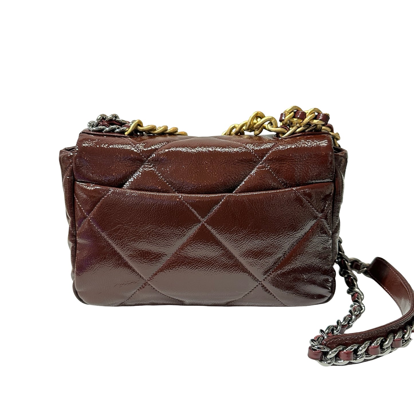 Used CHANEL Waxed Calfskin 19 Small Chain Shoulder Bag Brown GHW