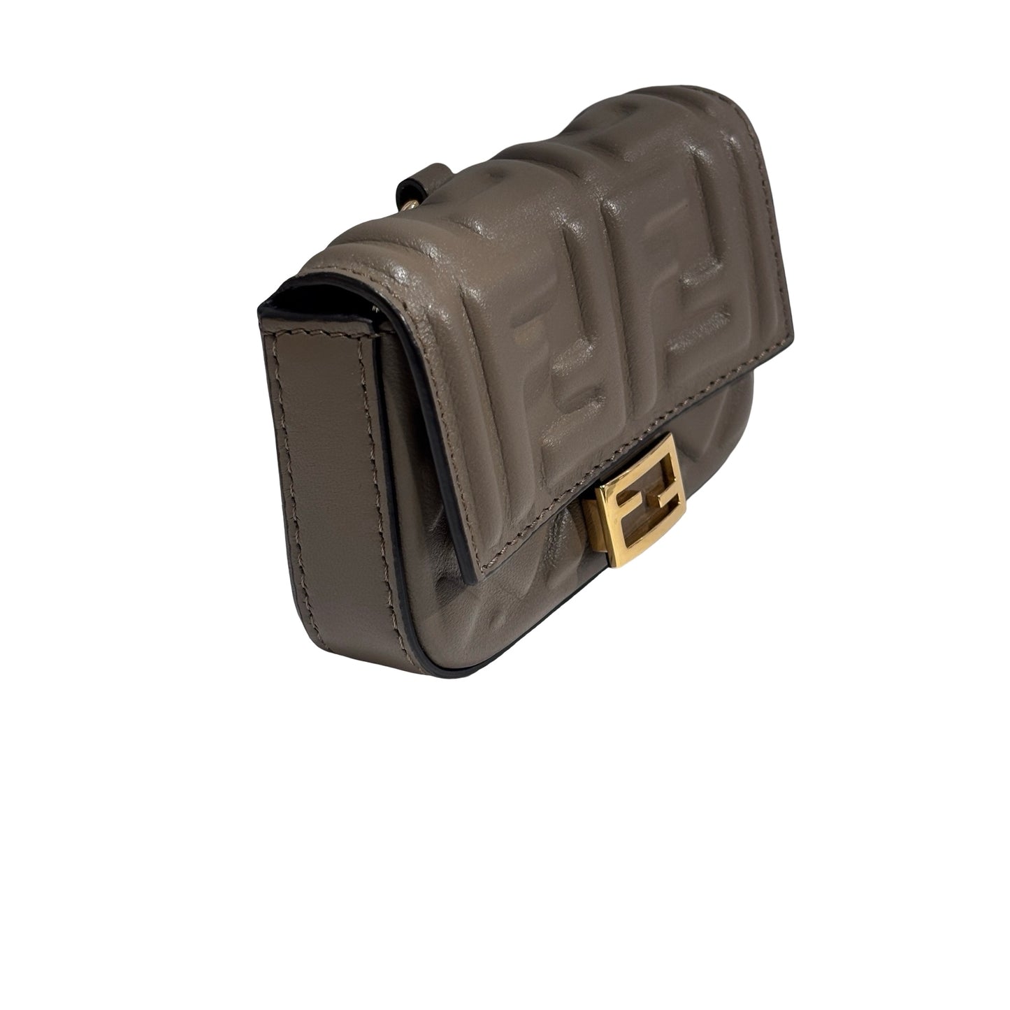 Used FENDI FF Leather Baguette Mini Bag Grey Gold