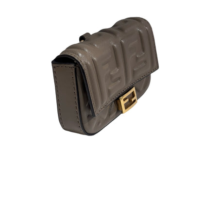 Used FENDI FF Leather Baguette Mini Bag Grey Gold