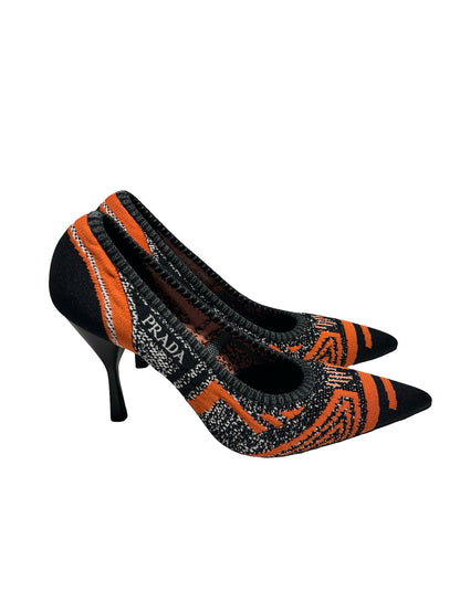 Used PRADA Fabric High Heels Shoes Black Orange