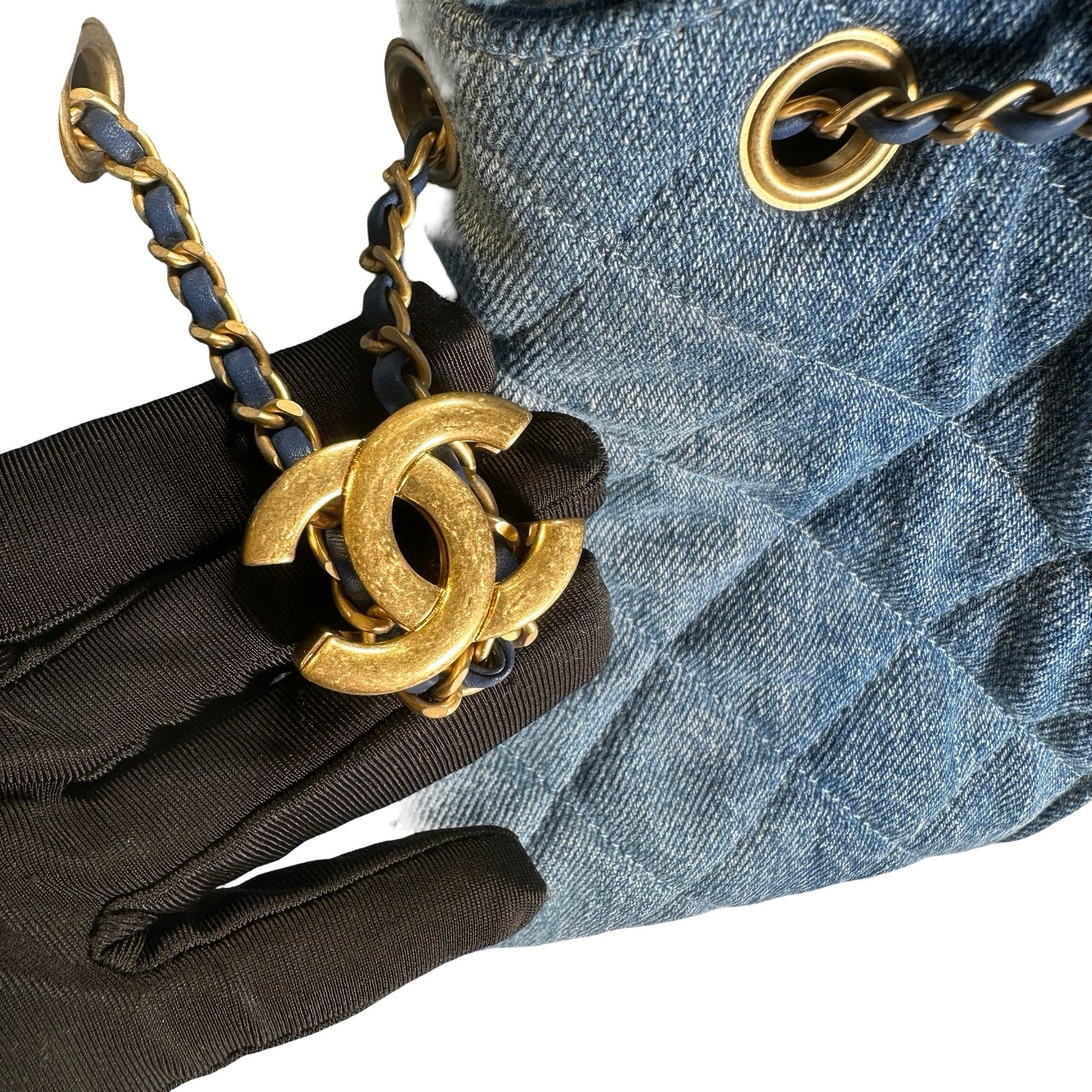 Used CHANEL Denim Quilted Kelly Shoulder Bag Blue GHW