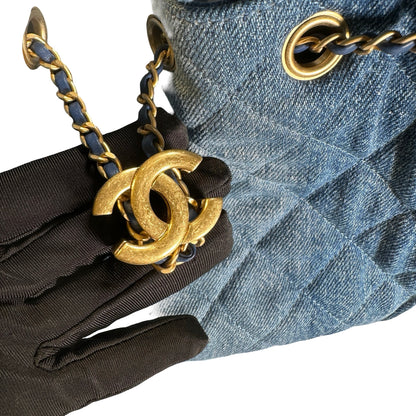 Used CHANEL Denim Quilted Kelly Shoulder Bag Blue GHW