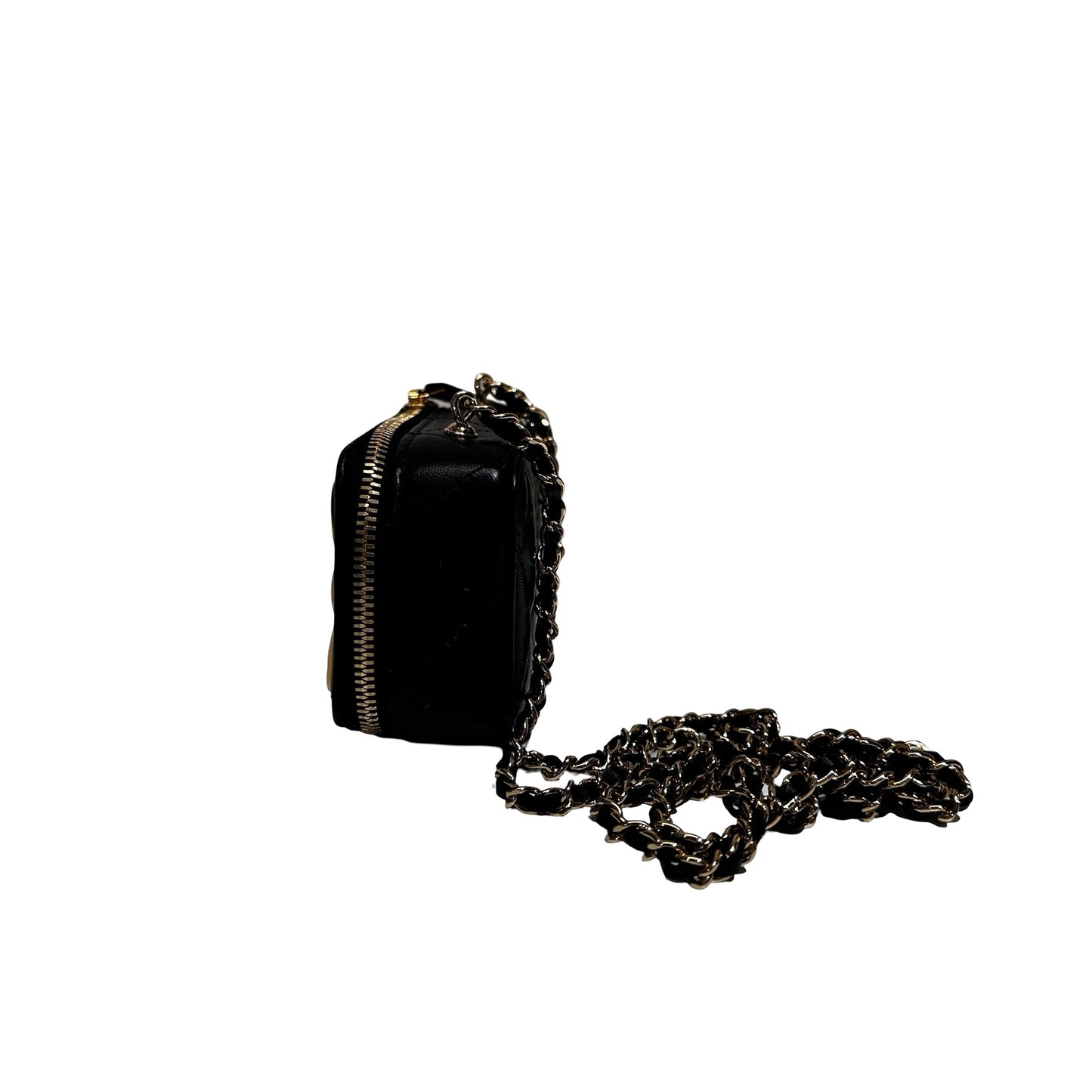 New CHANEL Lambskin Leather Vanity Case Shoulder Bag Gold Black GHW