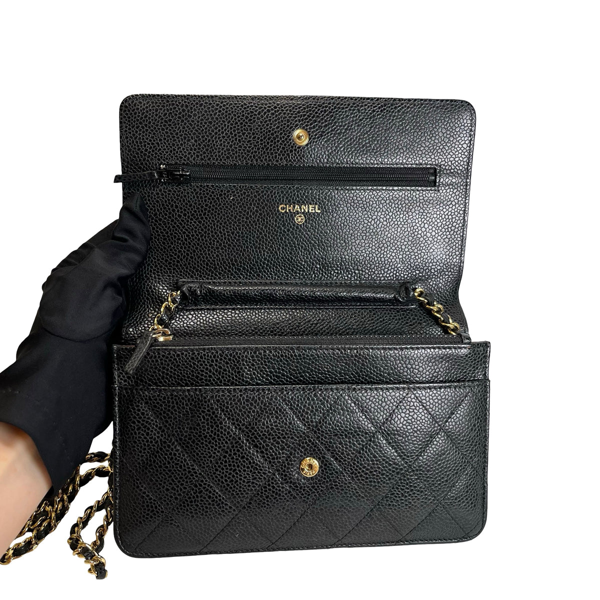 Used CHANEL Caviar Quilted Wallet on chain Wallet on chain Black Gold