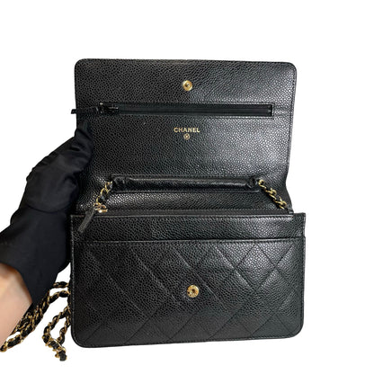 Used CHANEL Caviar Quilted Wallet on chain Wallet on chain Black Gold