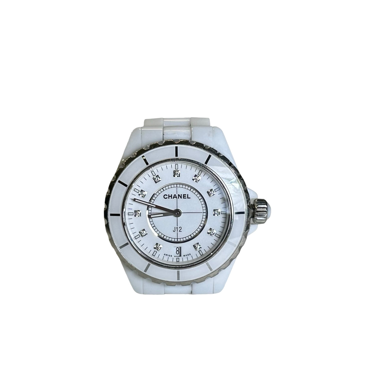 CHANEL Ceramic Diamond Quartz J12 Watch White Silver