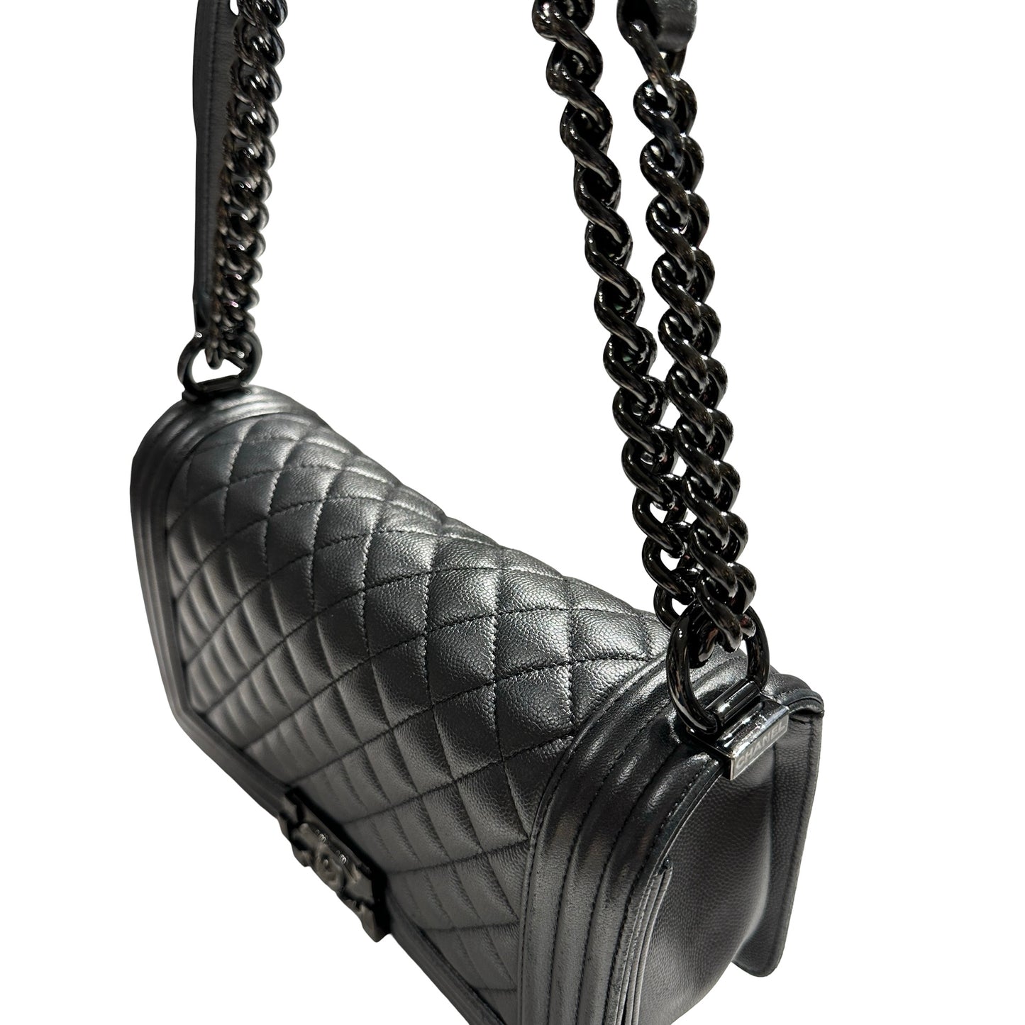 Used CHANEL Quilted Caviar Boy Chain Shoulder Bag Black