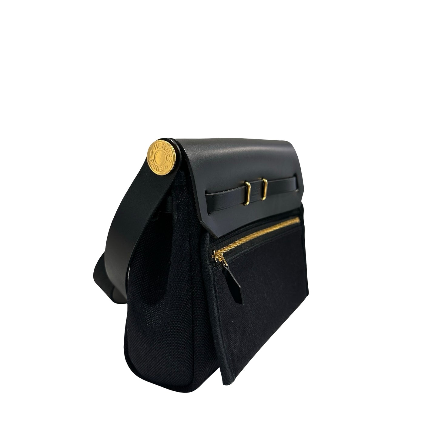 Used HERMES Canvas Leather Mini Herbag Handbag Black GHW