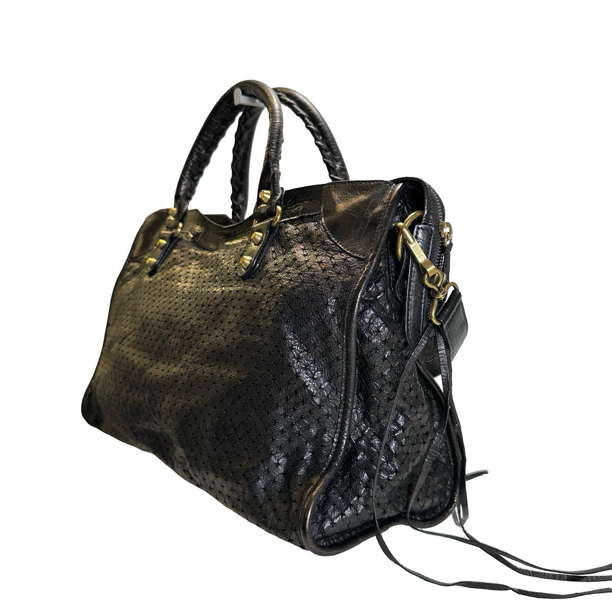Used BALENCIAGA Leather Perforated City Handbag Black