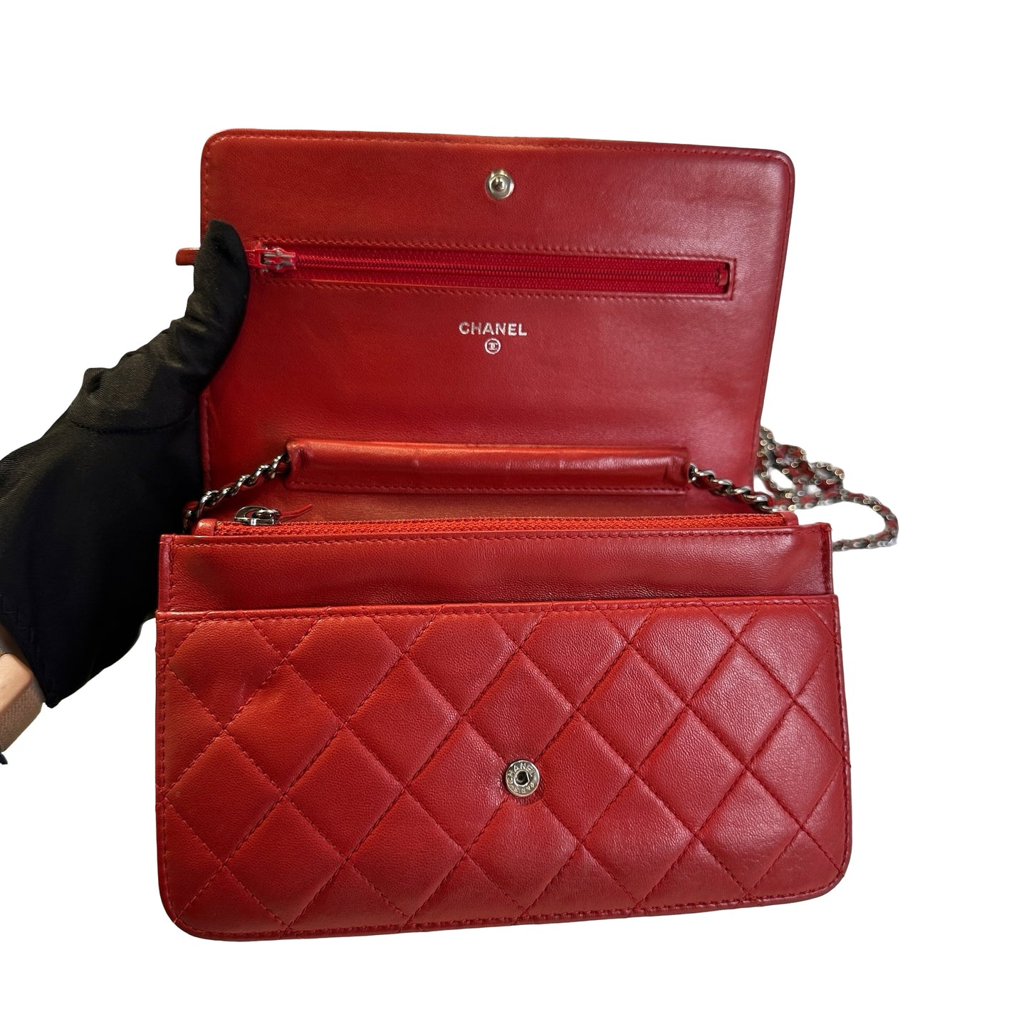 Used CHANEL Quilted Lambskin Boy Wallet on chain Red