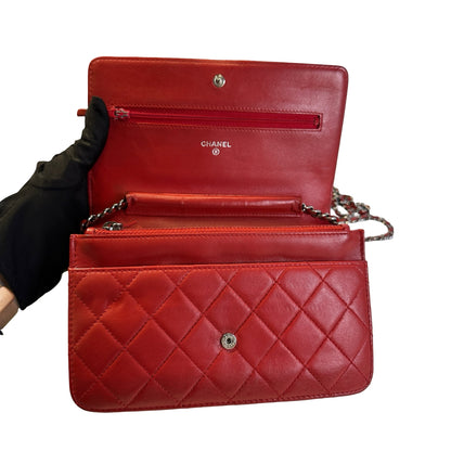 Used CHANEL Quilted Lambskin Boy Wallet on chain Red
