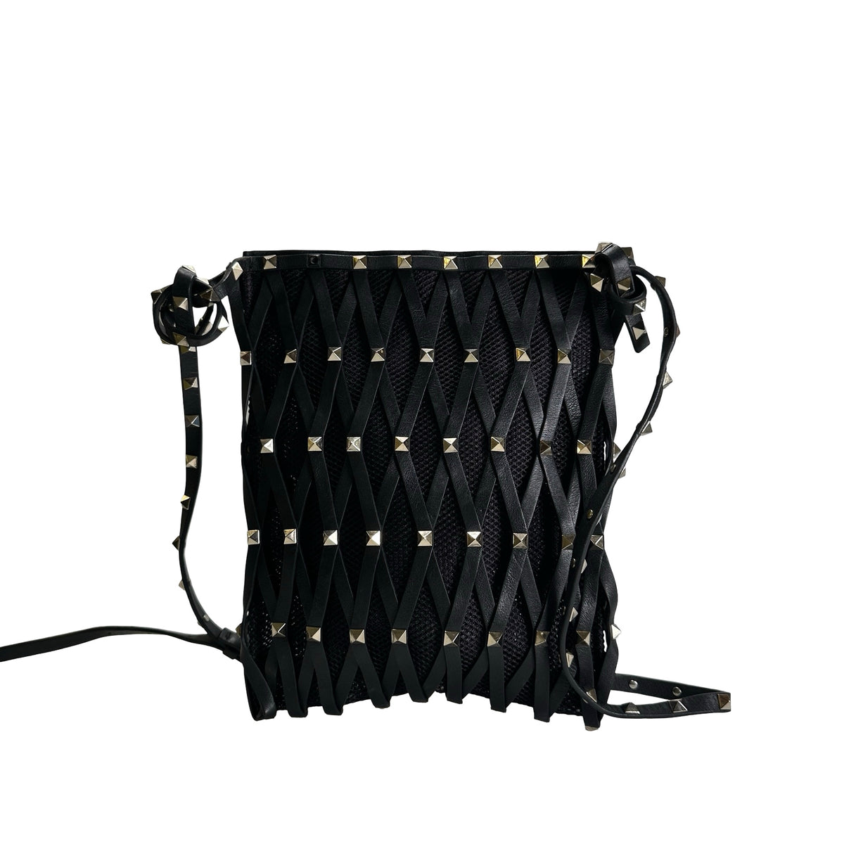 Used VALENTINO Leather Mesh Rockstud Spike Tote Bag Black Silver