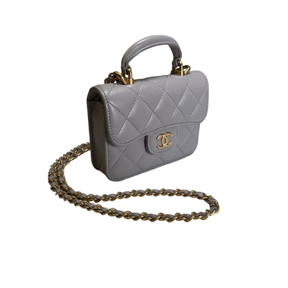 Used CHANEL Quilted Lambskin Mini Flap Bag with Top Handle Mini Bag Grey GHW